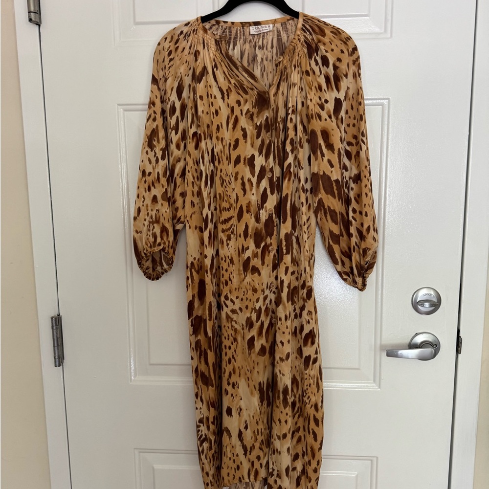 Tucker Brown and Tan V-Neck Sundress with Bishop Sleeves